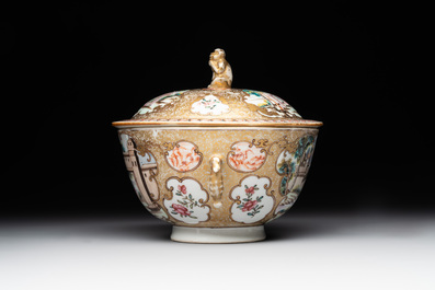 A Chinese Canton famille rose bowl and cover with figures in a landscape, Qianlong