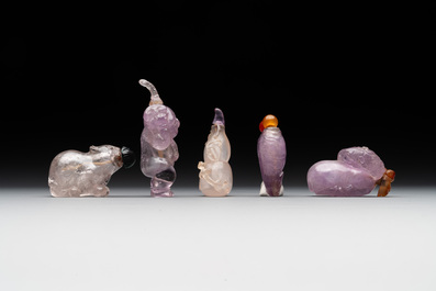 Five Chinese amethyst animal-form snuff bottles, 19/20th C.