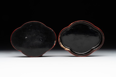 A Chinese quadrifoil red cinnabar lacquer box and cover with figural design, 19/20th C.