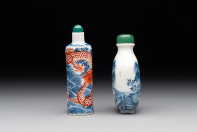 A Chinese blue and white 'figurative' snuff bottle and a blue, white and iron-red 'dragon' snuff bottle, Qianlong mark, 19th C.