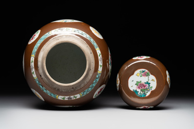 A pair of Chinese capucin-brown-ground famille rose covered jars with floral design, Yongzheng/Qianlong