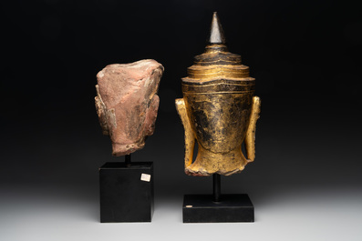 A Thai red sandstone head of Buddha and a lacquered and gilt stone head of Buddha, possibly Ayutthaya period, 15th C.