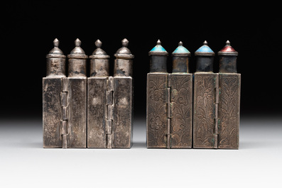 A pair of four-fold Chinese enamelled and engraved silver medicine bottles, 19th C.