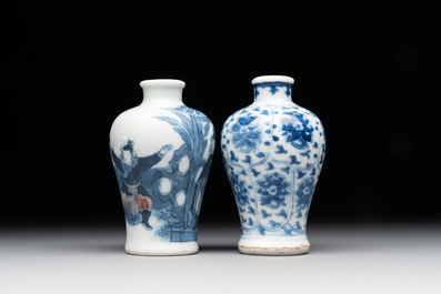 Two Chinese blue, white and copper-red snuff bottles, Yongzheng mark, 18/19th C.