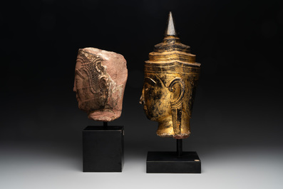 A Thai red sandstone head of Buddha and a lacquered and gilt stone head of Buddha, possibly Ayutthaya period, 15th C.