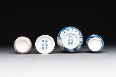 Two Chinese blue and white snuff bottles and two blue, white and copper-red snuff bottles, Yongzheng and Qianlong mark, 19th C.