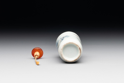 A Chinese blue, white and copper-red 'landscape' snuff bottle, 19th C.