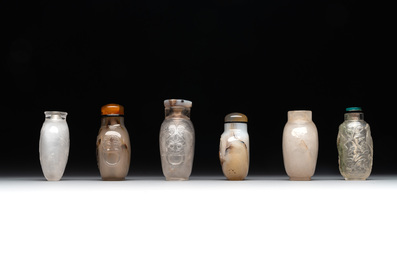 Six Chinese rock crystal and agate snuff bottles, 19/20th C.