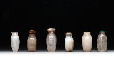 Six Chinese rock crystal and agate snuff bottles, 19/20th C.