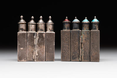 A pair of four-fold Chinese enamelled and engraved silver medicine bottles, 19th C.