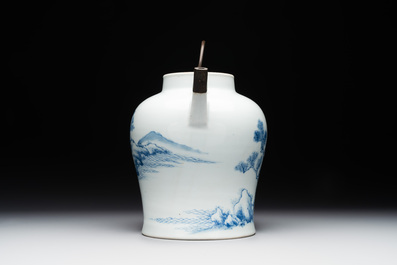 A fine Chinese blue and white 'Bleu de Hue' 'landscape' teapot with bronze mount, Chenghua mark, 18/19th C.