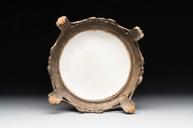 A large Chinese monochrome pink-glazed 'gu' vase with bronze mounts, 19/20th C.