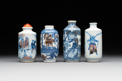 Four Chinese blue, white and copper-red snuff bottles, Yongzheng and Daoguang mark, 19th C.