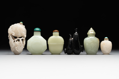 Six various Chinese hardstone and jade snuff bottles, 19/20th C.