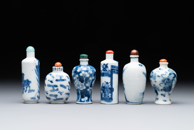 Six Chinese blue and white snuff bottles, 19th C.