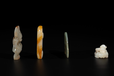 Three Chinese jades and an agate belt hook, Shang and later