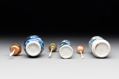Three Chinese blue and white 'dragon' snuff bottles, 19th C.