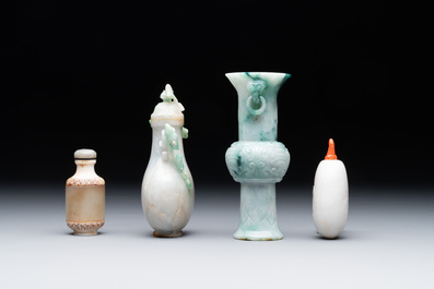 Two small Chinese jade vases and two snuff bottles, 19th C.