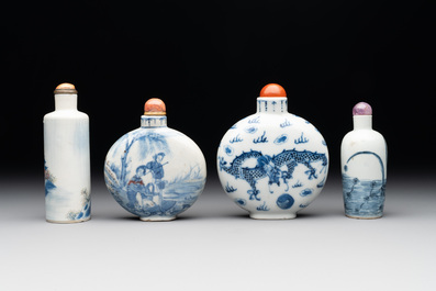 Three Chinese blue, white and copper-red snuff bottles and a blue and white snuff bottle, Qianlong mark, 19th C.
