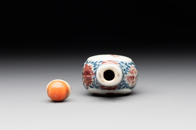 A Chinese blue, white and copper-red snuff 'deer' bottle, Yongzheng mark and of the period