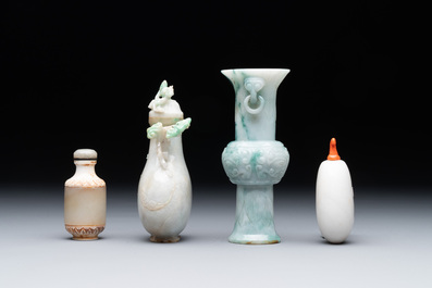 Two small Chinese jade vases and two snuff bottles, 19th C.