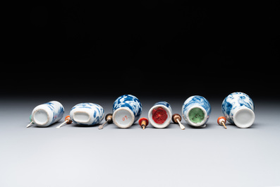 Six Chinese blue and white snuff bottles, 19th C.