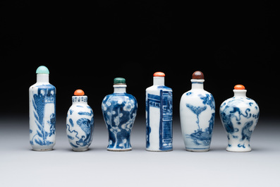 Six Chinese blue and white snuff bottles, 19th C.