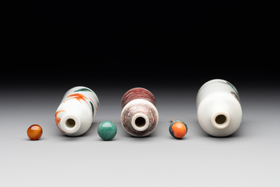 A Chinese copper-red 'dragon' snuff bottle and two famille verte snuff bottles, Gu Yue Xuan 古月軒 and Daoguang mark, 19th C.