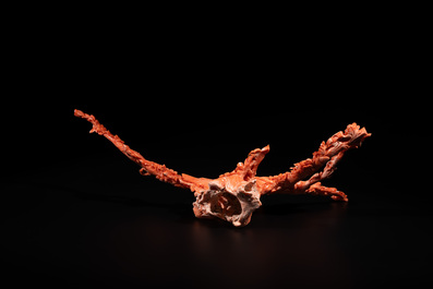 A Chinese red coral group of birds among flowering branches, 19/20th C.
