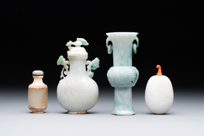 Two small Chinese jade vases and two snuff bottles, 19th C.