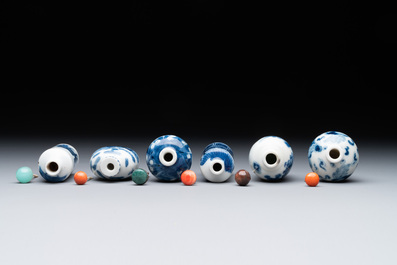 Six Chinese blue and white snuff bottles, 19th C.