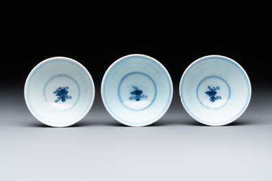 Three Chinese blue and white 'grapevines' cups, Yongzheng mark and of the period