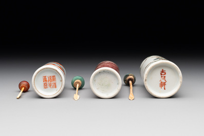 A Chinese copper-red 'dragon' snuff bottle and two famille verte snuff bottles, Gu Yue Xuan 古月軒 and Daoguang mark, 19th C.