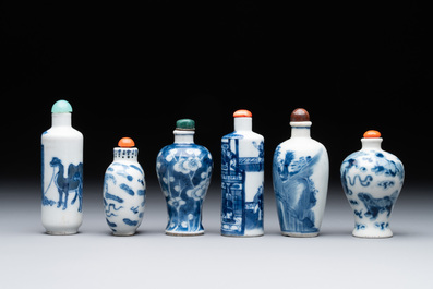 Six Chinese blue and white snuff bottles, 19th C.