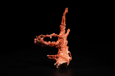 A Chinese red coral group of birds among flowering branches, 19/20th C.