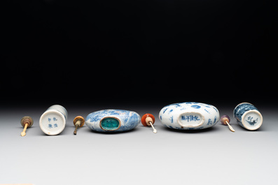 Three Chinese blue, white and copper-red snuff bottles and a blue and white snuff bottle, Qianlong mark, 19th C.