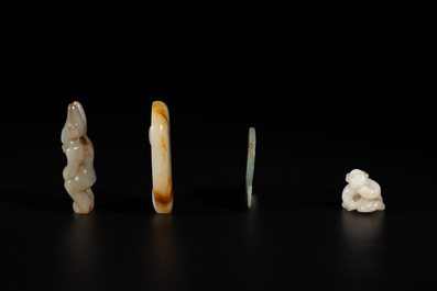 Three Chinese jades and an agate belt hook, Shang and later