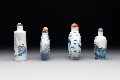 Three Chinese blue, white and copper-red snuff bottles and a blue and white snuff bottle, Qianlong mark, 19th C.