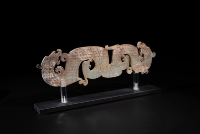 A Chinese nephrite jade ark-shaped 'chilong' plaque, Zhou/Han