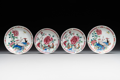 Two pairs of Chinese famille rose cups and saucers with pheasants and roosters, Yongzheng/Qianlong