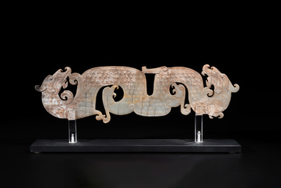 A Chinese nephrite jade ark-shaped 'chilong' plaque, Zhou/Han