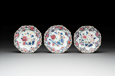 Two sets of six Chinese famille rose plates with peonies, Yongzheng/Qianlong