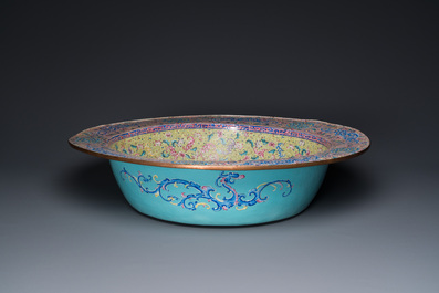 An exceptionally large Chinese Canton enamel basin with floral design, Yongzheng