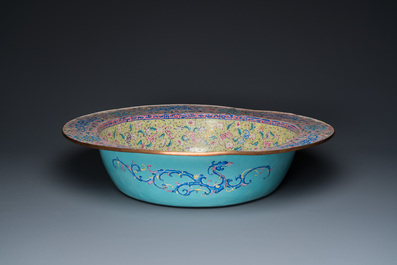 An exceptionally large Chinese Canton enamel basin with floral design, Yongzheng