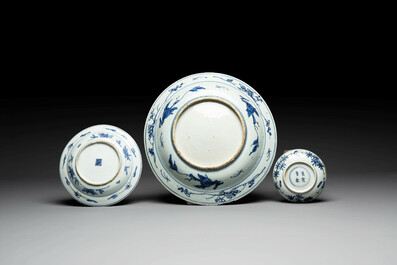 A Chinese blue and white dish, plate and saucer, Fu Gui Chang Chun 富貴長春 mark, Jiajing