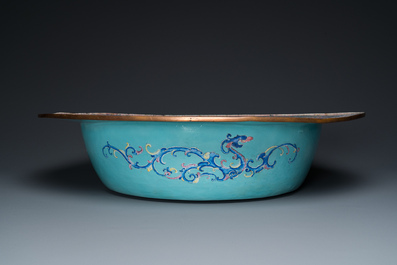 An exceptionally large Chinese Canton enamel basin with floral design, Yongzheng
