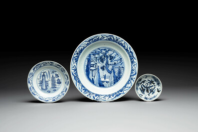 A Chinese blue and white dish, plate and saucer, Fu Gui Chang Chun 富貴長春 mark, Jiajing
