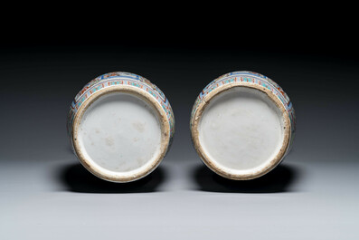 A pair of Chinese famille rose vases with narrative design, 19th C.