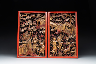 Two pairs of Chinese carved, lacquered and gilt-decorated wooden panels with figural design, 19th C.