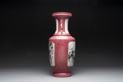 A Chinese ruby-ground famille rose vase, signed Deng Xiaoyu 鄧肖禹, 20th C.